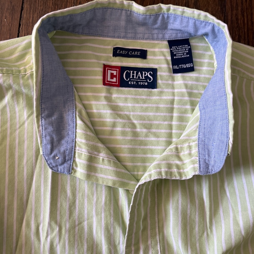 Chaps Green and White Striped Button-Down Shirt with Blue Contrast Collar